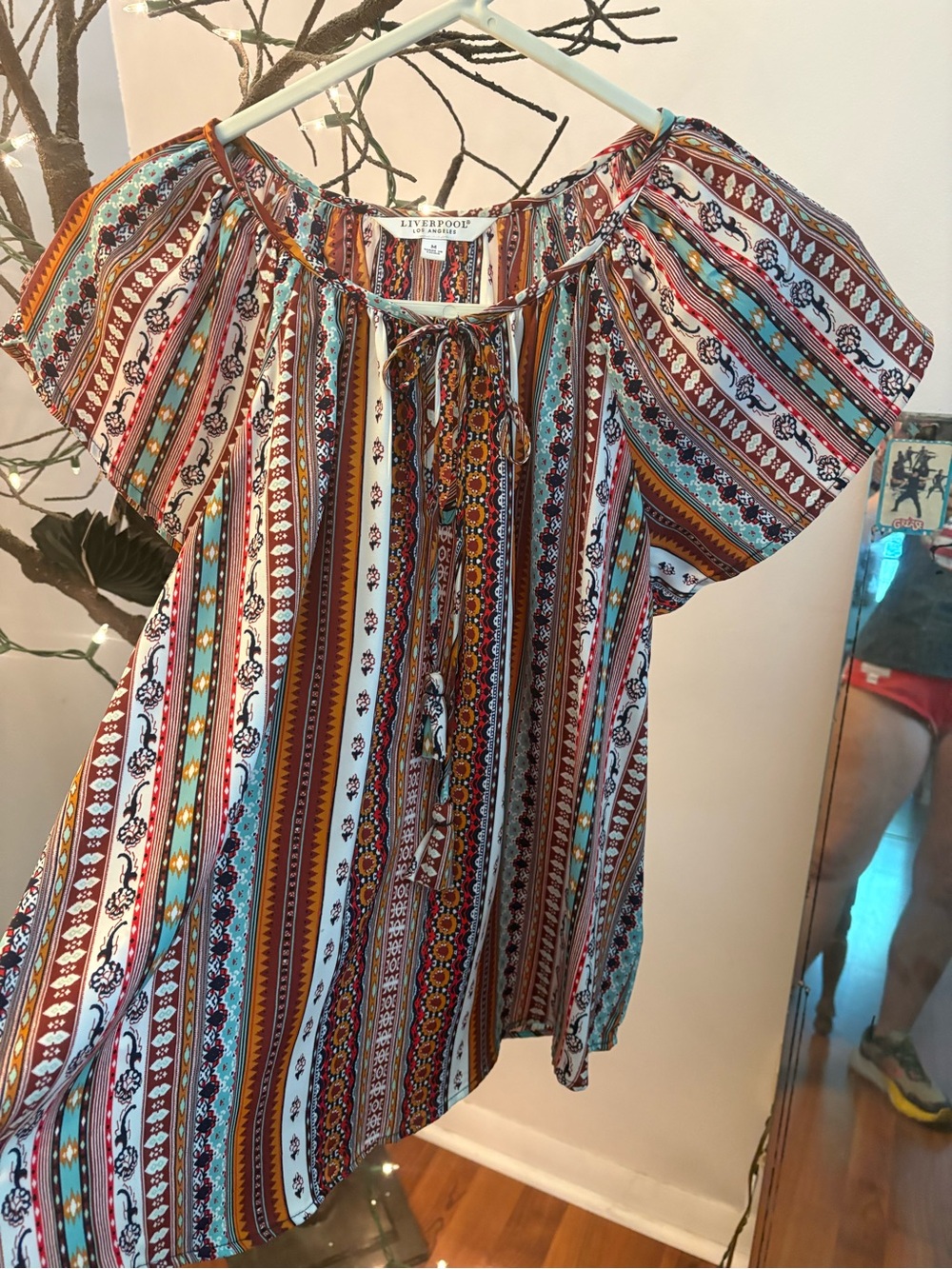 Liverpool Multicolor Striped Boho Peasant Top — Teal, Rust, White